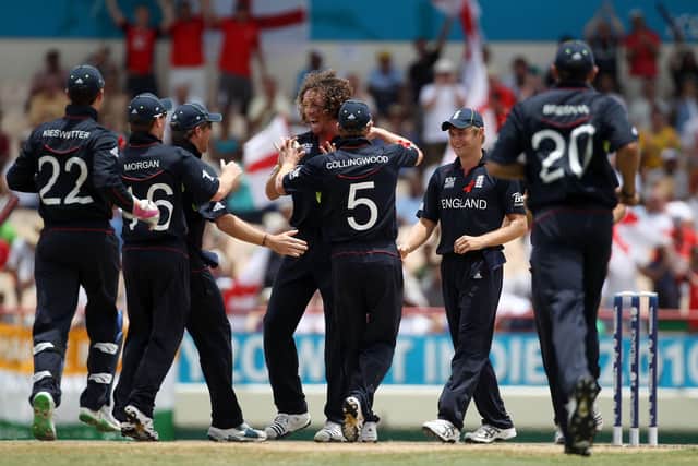 WAY BACK WHEN: England's Ryan Sidebottom of England celebrates the wicket of Sri Lanka's Sanath Jayasuriya in the semi final of the World Twenty20 in Saint Lucia back in May 2010 - England going on to win the competition. Picture: Clive Rose/Getty Images.