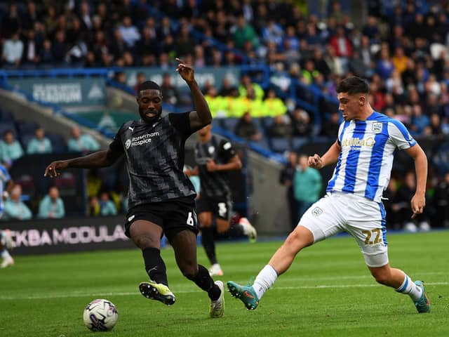 Huddersfield Town striker Kian Harratt goes close to scoring in Saturday's game with Rotherham United. Picture: Jonathan Gawthorpe.