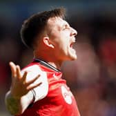 Rotherham United's Jordan Hugill celebrates scoring their side's first goal of the game during the Sky Bet Championship match at the AESSEAL New York Stadium, Rotherham. Picture date: Friday April 7, 2023. PA Photo. See PA story SOCCER Rotherham. Photo credit should read: Mike Egerton/PA Wire.

RESTRICTIONS: EDITORIAL USE ONLY No use with unauthorised audio, video, data, fixture lists, club/league logos or "live" services. Online in-match use limited to 120 images, no video emulation. No use in betting, games or single club/league/player publications.