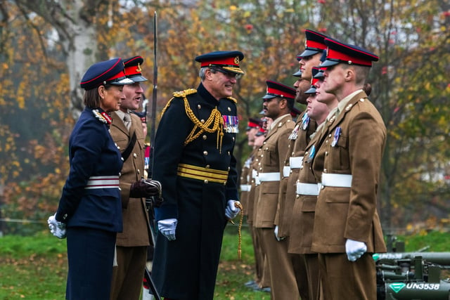 The Lord Lieutenant for North Yorkshire, Jo Ropner, and Lieutenant General James Swift inspecting the troops after the firing.