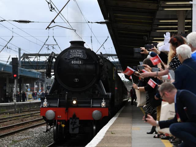 The Flying Scotsman locomotive arrives at Doncaster