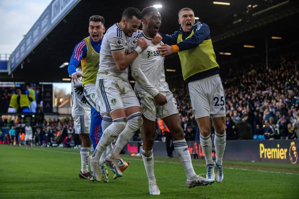 Junior Firpo celebrates his huge goal for Leeds United. Picture: Bruce Rollinson.