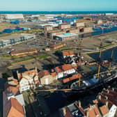 An aerial view of the National Museum of the Royal Navy and HMS Trincomalee on January 30, 2023 in Hartlepool.