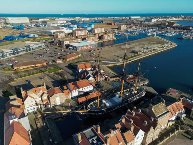 An aerial view of the National Museum of the Royal Navy and HMS Trincomalee on January 30, 2023 in Hartlepool.