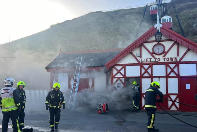 Cleveland Fire Brigade attend the scene of a blaze at Saltburn Cliff Tramway