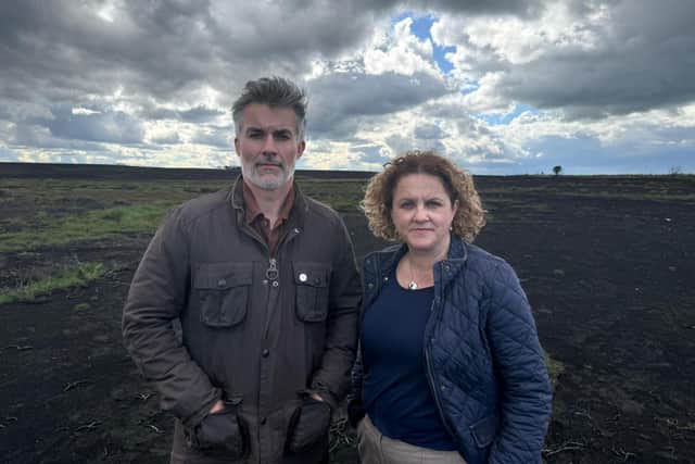 York and North Yorkshire Mayor David Skaith and Deputy Mayor Jo Coles on a burnt out section of Langdale Moor.