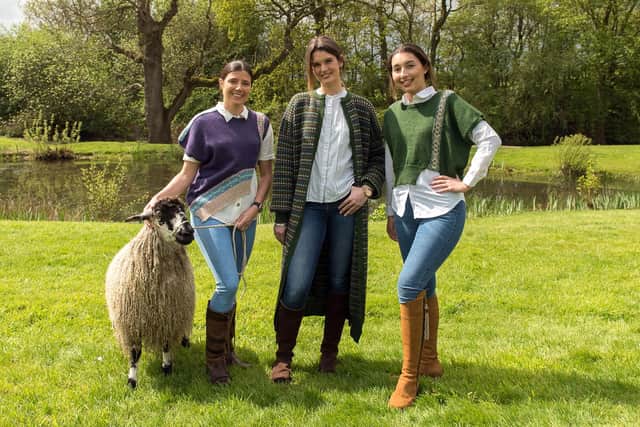 Wearing British Wool brand, left: Sarah Turner, Mollie Spencer, and Louise Holstead. Picture by Kate Mallender at the Great Yorkshire Showground in Harrogate.