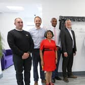 The leader of Leeds City Council, Coun James Lewis, and the chair of Unity Enterprise, Sharon Jandu OBE, have jointly unveiled a plaque to celebrate the opening of a fully refurbished Leeds Media Centre. (Photo supplied by Unity Enterprise)
