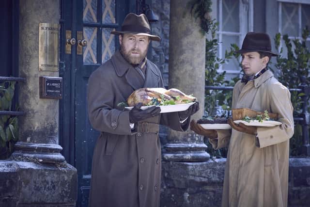 Samuel West as Siegfried Farnon and James Anthony-Rose as Richard Carmody in All Creatures Great and Small series 4, the Christmas episode. Picture: Playground/Channel 5