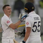 SO CLOSE: Yorkshire's Harry Brook, left, is congratulated by England captain Ben Stokes after scoring century on the first day of the first Test match against Pakistan in Rawalpindi Picture: AP Photo/Anjum Naveed