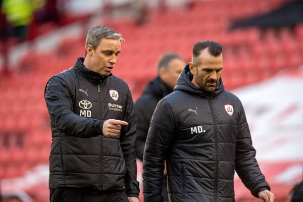 Barnsley head coach Michael Duff (left), pictured alongside first-team coach Martin Devaney. Picture: Bruce Rollinson