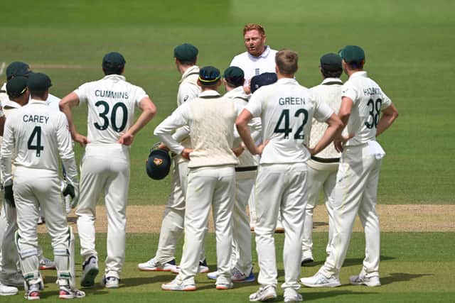 Jonny Bairstow in conversation with the Australia players after his controversial stumping in the Lord's Test. Photo by Stu Forster/Getty Images.