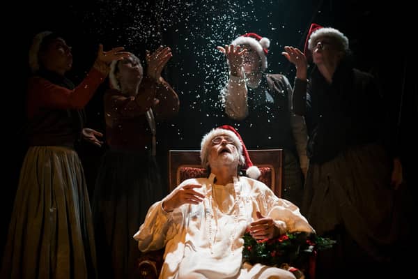 Cast of A Christmas Carol including Robert Pickavance as Scrooge at Leeds Playhouse. Photography by Andrew Billington