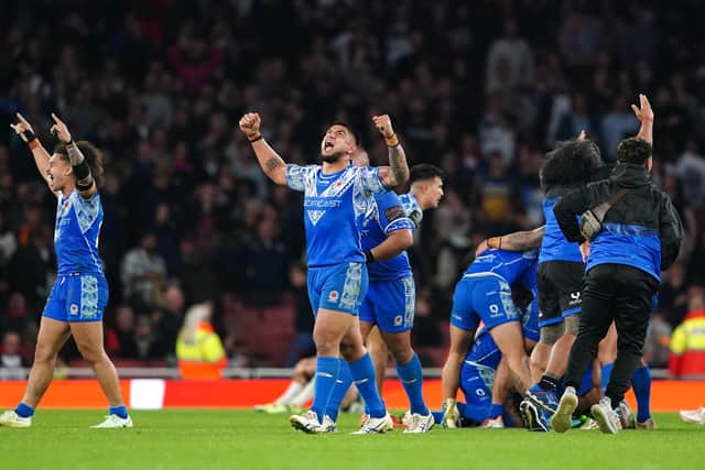 POWERS OF RECOVERY: Samoa celebrate after winning their semi-final against World Cup hosts England at the Emirates Stadium through a golden point. Today sees them take on favourites Australia in the final at Old Trafford. Picture: Zac Goodwin/PA.