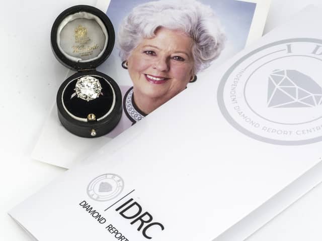 Undated handout photo issued by Special Auction Services of a large certificated diamond solitaire ring, owned by the late Baroness Betty Boothroyd. Special Auction Services/PA Wire