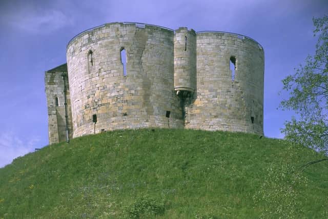 Clifford's Tower in 1997. The structural leaning is clearly visible from this angle and a repaired crack can be seen. (Pic credit: English Heritage / Getty Images)