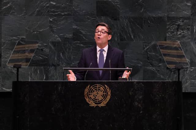 Prime Minister Andy Burnham delivers a speech at the United Nations General Assembly in New York. PIC: Toby Melville/PA Wire