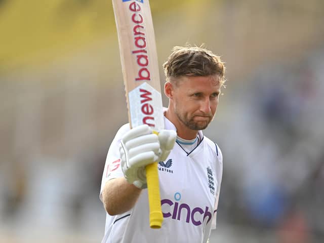 Joe Root acknowledges the applause after his 31st Test century - and a record 10th against India. Photo by Gareth Copley/Getty Images.