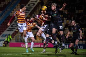 Returning Doncaster Rovers captain Richard Wood (far right), pictured on his return to first-team action at Bradford City. Picture: Bruce Rollinson.
