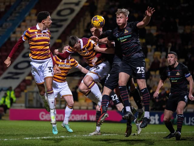 Returning Doncaster Rovers captain Richard Wood (far right), pictured on his return to first-team action at Bradford City. Picture: Bruce Rollinson.