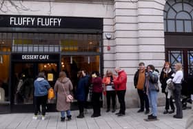 Customers queueing outside of Fluffy Fluffy, in Leeds, on Pancake Day 2024.