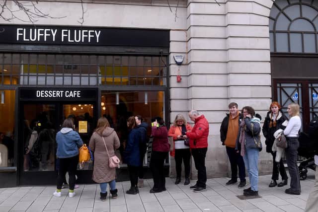 Customers queueing outside of Fluffy Fluffy, in Leeds, on Pancake Day 2024.