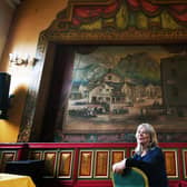 Chief Executive Ann Harding in front of the colourful painted front drop to the stage. Photographed for the Yorkshire Post by Jonathan Gawthorpe.