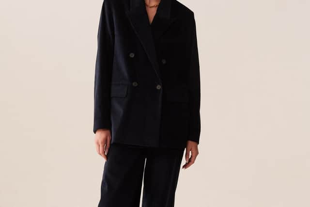 Organic navy cord jacket, £495; wide leg trousers, £395. At laurapitharas.com.