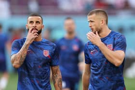 Kyle Walker (L) and Eric Dier of England speak during warm ups prior to the FIFA World Cup Qatar 2022 Group B match between England and Iran at Khalifa International Stadium (Picture: Clive Brunskill/Getty Images)