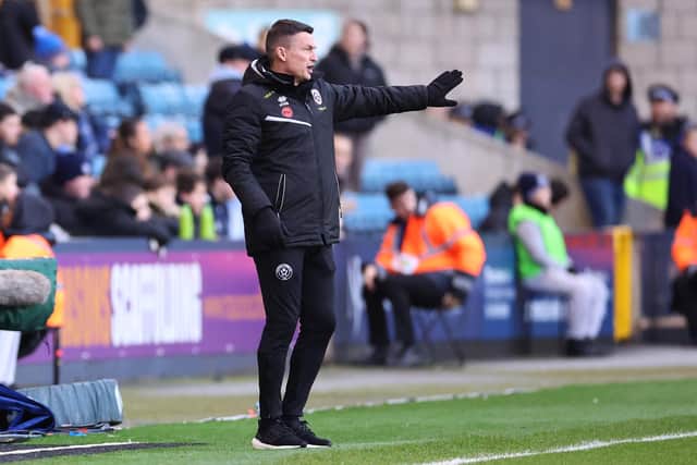 LONDON, ENGLAND - JANUARY 07: Paul Heckingbottom, Manager of Sheffield United reacts during the Emirates FA Cup Third Round match between Millwall FC and Sheffield United at The Den on January 07, 2023 in London, England. (Photo by Warren Little/Getty Images)