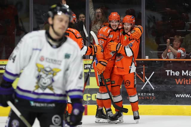 TOP FEELING: Mitchell Balmas celebrates his goal in the 5-0 win against Manchester Storm at the Utilita Arena on Sunday night - keeping Sheffield Steelers on the same points as leaders Nottingham Panthers. Picture: Hayley Roberts/Steelers Media.
