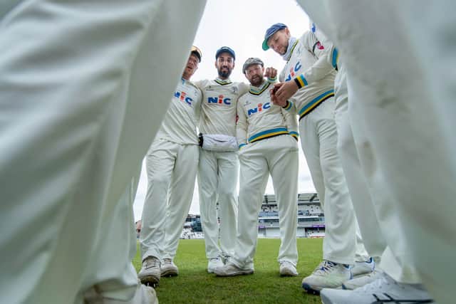 Yorkshire huddle prior to taking to the field for the Glamorgan second innings with, from left, Dom Bess, Shan Masood, Adam Lyth and Joe Root pictured. Picture by Allan McKenzie/SWpix.com