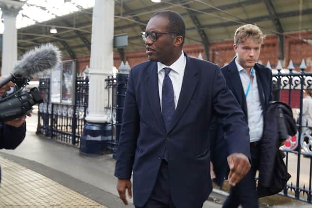 Chancellor Kwasi Kwarteng arrives at Darlington station for a visit to see local business. Picture date: Thursday September 29, 2022. PA Photo. See PA story POLITICS Budget. Photo credit should read: Owen Humphreys/PA Wire