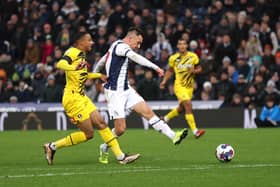 WEST BROMWICH, ENGLAND - DECEMBER 17: Jed Wallace of West Bromwich scores their first goal during the Sky Bet Championship between West Bromwich Albion and Rotherham United at The Hawthorns on December 17, 2022 in West Bromwich, England. (Photo by Nathan Stirk/Getty Images)