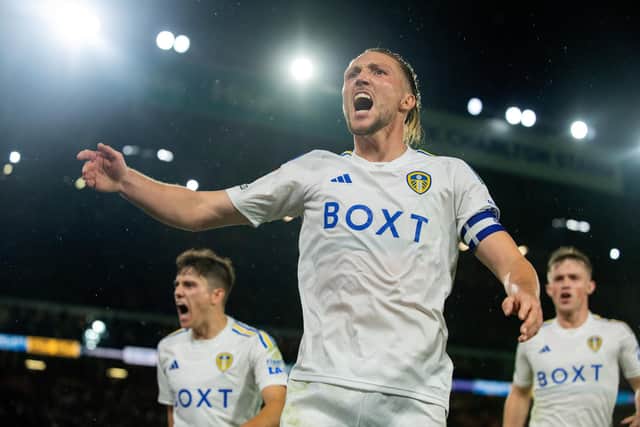 Luke Ayling celebrates scoring Leeds equaliser. Picture: Bruce Rollinson