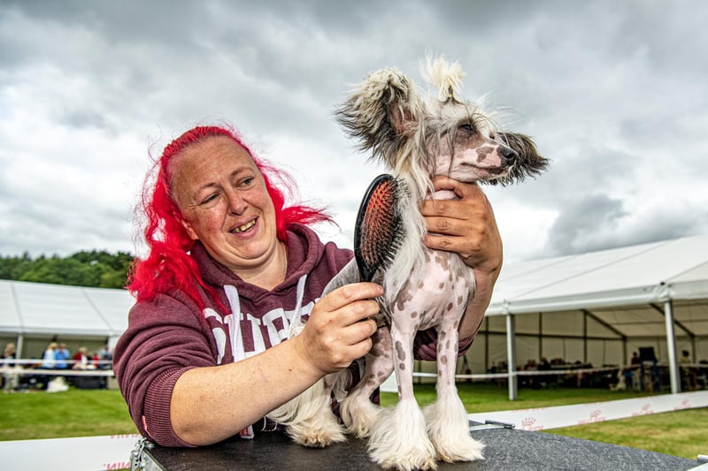 Laura Merryweather from the Isle of Man with her Chinese Crested dog at the Harewood Dog Show.