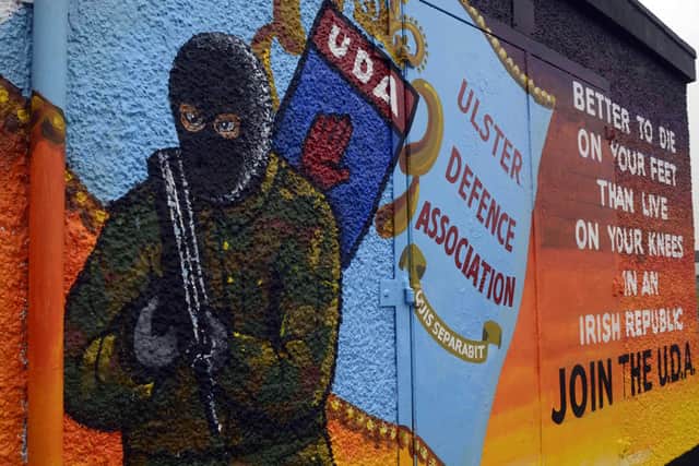 A then new UDA Mural in the Glenfada area of Carrickfergus painted in 2015. Police said at the time that they were working to remove what was described as a "UDA recruitment mural" in  Co Antrim Town. For illustration purposes only. It is not known what images were allegedly posted by the West Yorkshire detention officer in this story.
Photo Colm Lenaghan/Pacemaker Press