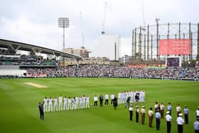 LONDON, ENGLAND - SEPTEMBER 10: Players and officials line up for the National Anthem ahead of Day Three of the Third LV= Insurance Test Match between England and South Africa at The Kia Oval on September 10, 2022 in London, England. (Photo by Alex Davidson/Getty Images for Surrey CCC)