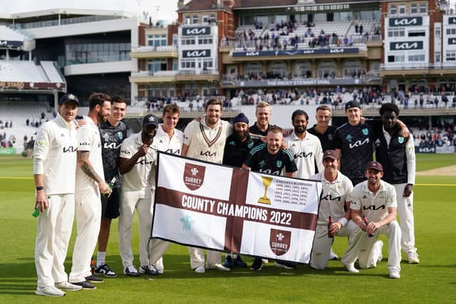 The champions: Surrey celebrate in the south London sunshine. Picture: Adam Davy/PA Wire