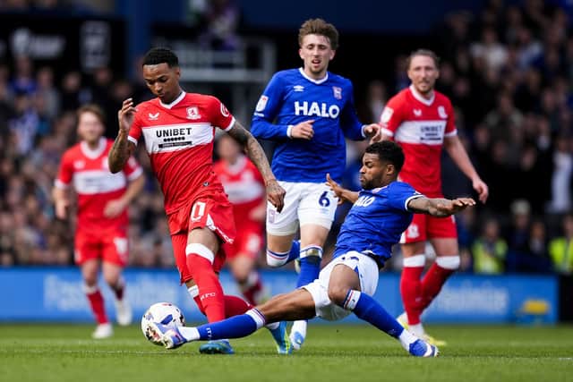 Middlesbrough's Morgan Whittaker is challenged by Ipswich Town's Darnell Furlong (Picture: Jordan Pettitt/PA Wire)