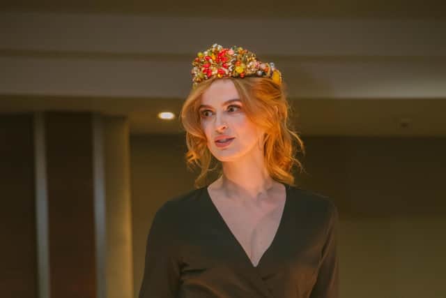 Gloriana crown headpiece by Hats by Sherry on the catwalk. Picture by Hove & Co.