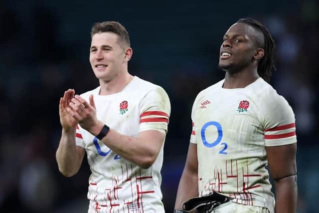 Maro Itoje and Freddie Steward of England acknowledge the crowd following the Six Nations Rugby match between England and Italy at Twickenham (Picture: Catherine Ivill/Getty Images)