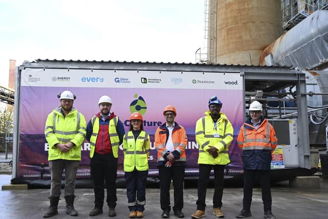 C-Capture’s project manager, Claudia Hernandez and XLR8 CCS project partners at the CCSCU which has been deployed at Pilkington UK’s site in St Helens, UK, to trial C-Capture’s carbon capture technology in the glass manufacturing industry. Picture supplied by C-Capture