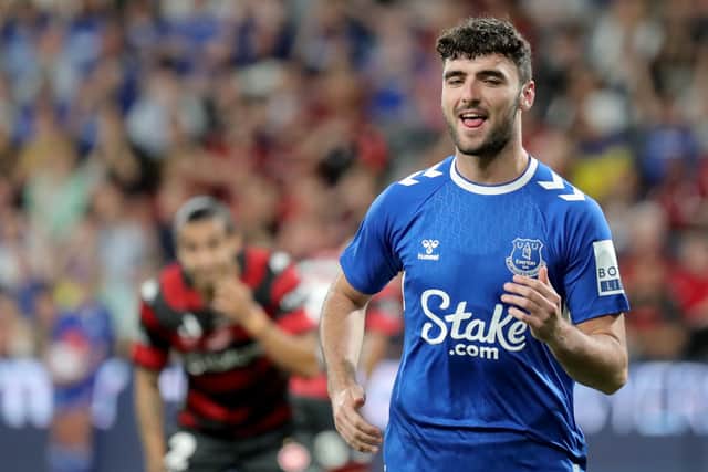 SYDNEY, AUSTRALIA - NOVEMBER 23: Tom Cannon of Everton celebrates after scoring a goal during the Sydney Super Cup match between Everton and the Western Sydney Wanderers at CommBank Stadium on November 23, 2022 in Sydney, Australia. (Photo by Jeremy Ng/Getty Images)