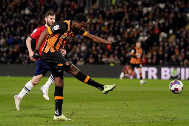Hull City's Benjamin Tetteh has an attempt on goal during the Sky Bet Championship match at MKM Stadium, Hull. Picture date: Friday March 3, 2023. PA Photo. See PA story SOCCER Hull. Photo credit should read: Tim Goode/PA Wire.

RESTRICTIONS: EDITORIAL USE ONLY No use with unauthorised audio, video, data, fixture lists, club/league logos or "live" services. Online in-match use limited to 120 images, no video emulation. No use in betting, games or single club/league/player publications.