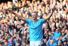 Erling Haaland of Manchester City celebrates scoring a goal to make it 3-0 against Leicester City (Picture: Michael Regan/Getty Images)