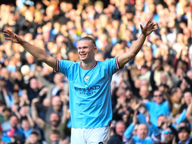 Erling Haaland of Manchester City celebrates scoring a goal to make it 3-0 against Leicester City (Picture: Michael Regan/Getty Images)