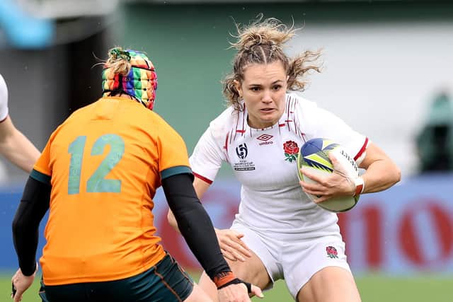 Keighley's Ellie Kildunne of England is tackled during Rugby World Cup 2021 New Zealand quarterfinal match between England and Australia. (Picture: Phil Walter/Getty Images)