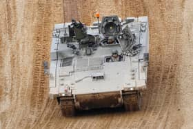 An Ajax Ares tank, an armoured personnel carrier, on the training range at Bovington Camp, a British Army military base in Dorset. PIC: PA