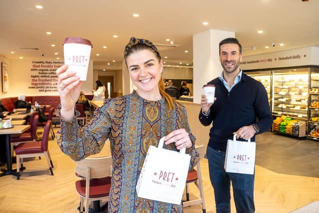 Irena Butaite, general manager at Pret A Manger in the Merrion Centre, Leeds, and Charles Newman, associate director at Town Centre Securities. Picture: Simon Dewhurst